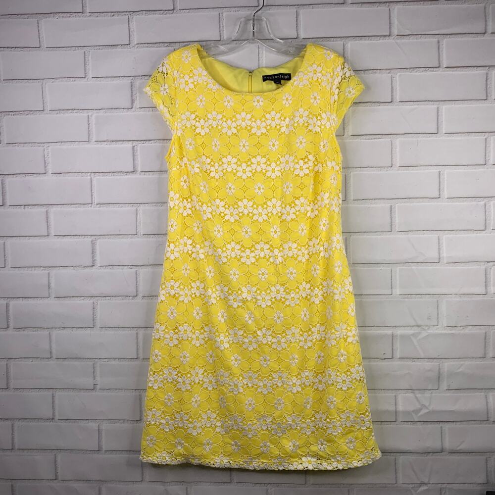 Madison Leigh shift dress yellow lace floral overlay cap sleeves lined Size 10